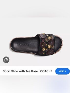 Coach Black Leather Floral Slide with Gold Studs